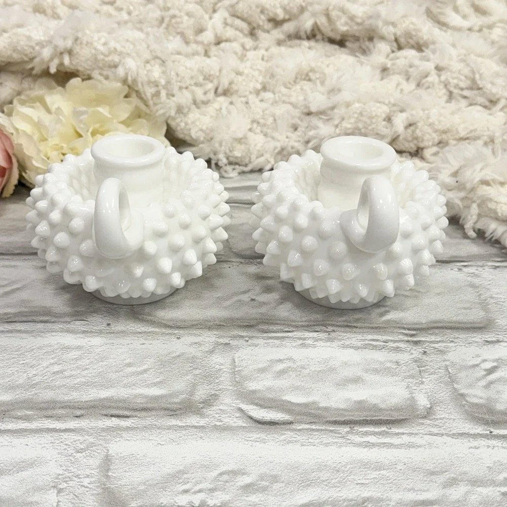 Vtg Fenton Hobnail White Milk Glass Single Finger Loop Handle Candle‎ Holder Set